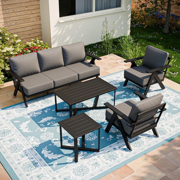 5-Piece Black Aluminum Patio Conversation Set with Gray Cushions and Coffee Table