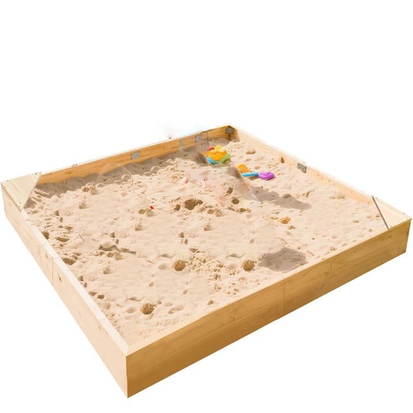 Kids Sand Box Wooden Sandbox 6 ft. W x 6 ft. L x 8 in. H Large Sandbox with Cover Square Sand Pit with 2 Corner Seats