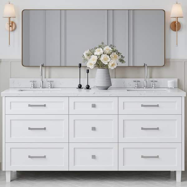 ARIEL Monroe 72 in. W x 22 in. D x 36 in. H Double Rectangle Sink Bath Vanity in White with Carrara White Quartz Top