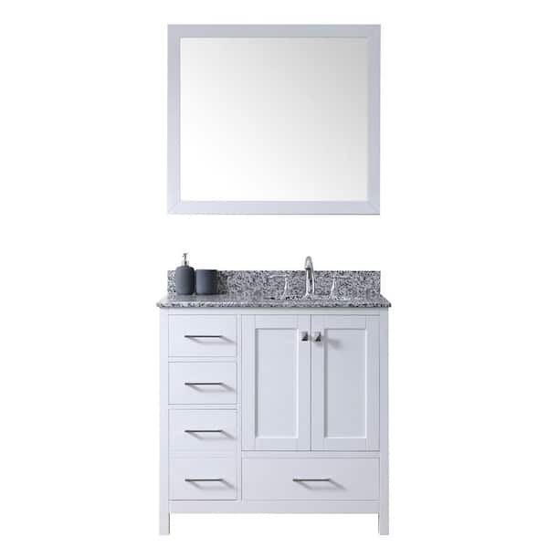 Virtu USA Caroline Madison 36 in. W Bath Vanity in White with Granite Vanity Top in Arctic White with Round Basin and Mirror