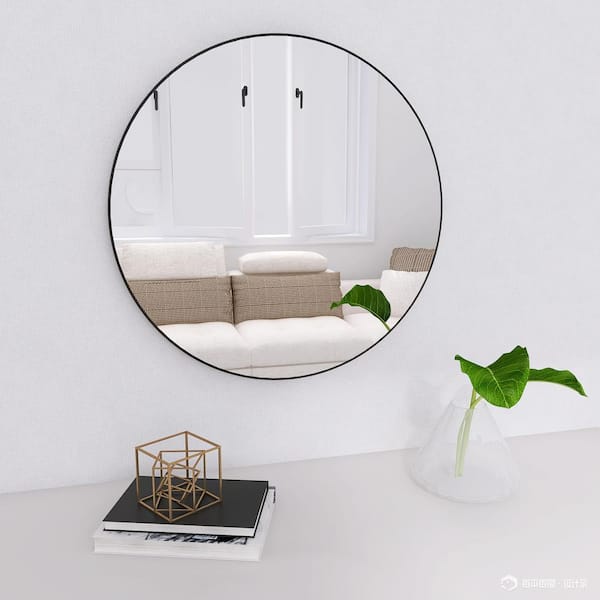 UKISHIRO 24 in. W x 24 in. H Modern Round Black Aluminum Framed Wall Bathroom Vanity Mirror in Black