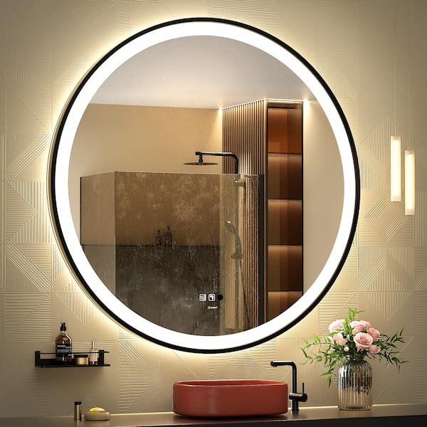 GP GANPE 40 in. W x 40 in. H Large Round Framed Anti-Fog Human Body Sensor Wall Mount Bathroom Vanity Mirror in Silver