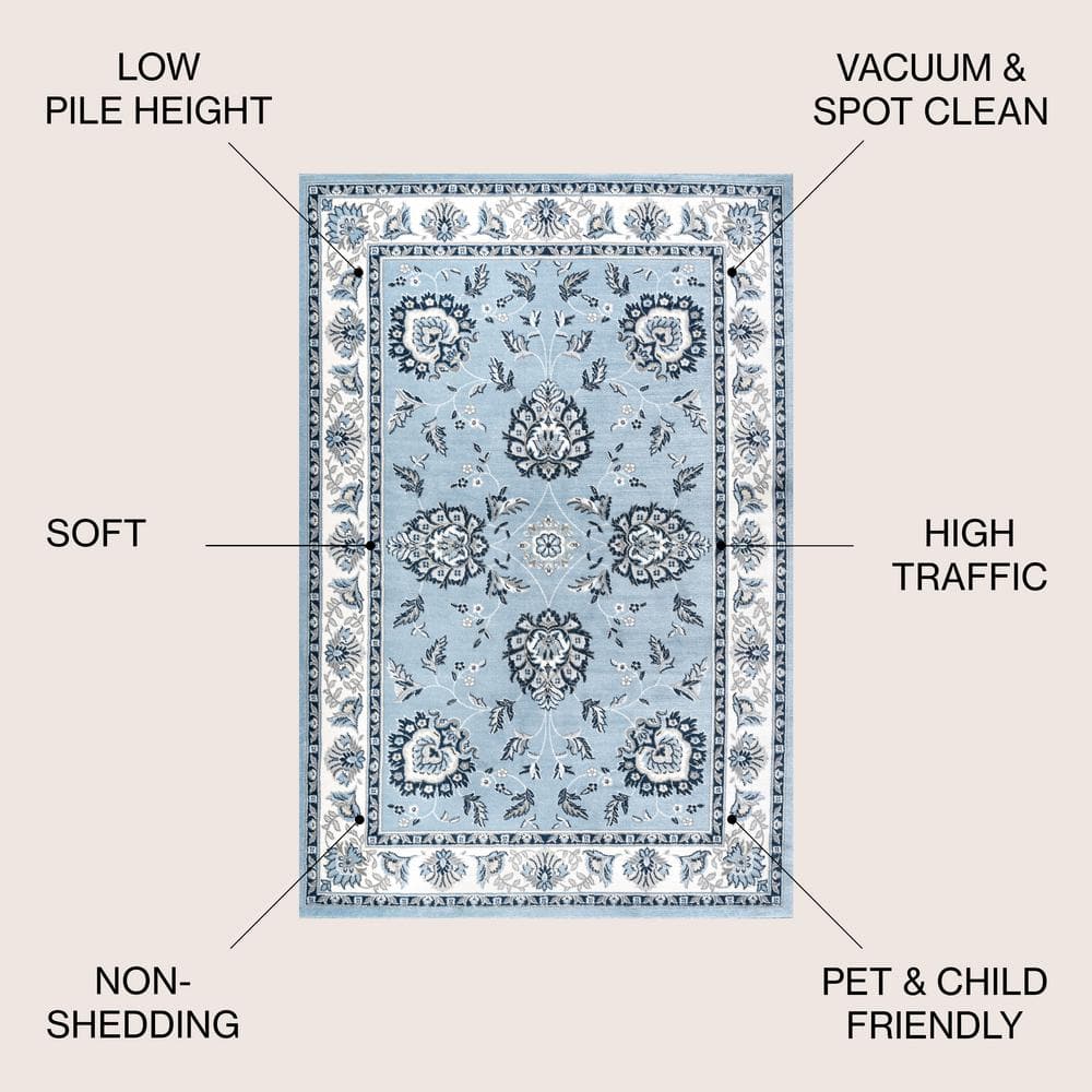 Cherie Sky Blue & Ivory Persian-Inspired Washable Rug 3x5