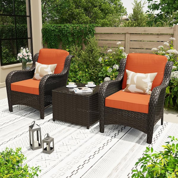 Polar 3-Piece Brown Wicker Patio Conversation Set with Orange Red Cushions and Coffee Table
