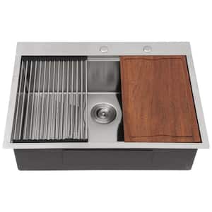 28 in. Workstation Drop-In Kitchen Sink, Stainless Steel Single Bowl, Topmount, Round Corner Included Accessories