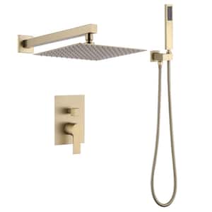 Single Handle 2-Spray Wall Mount Shower Faucet 12 in. Square Shower Head 1.8 gpm with Hand Shower Faucet in Brushed Gold