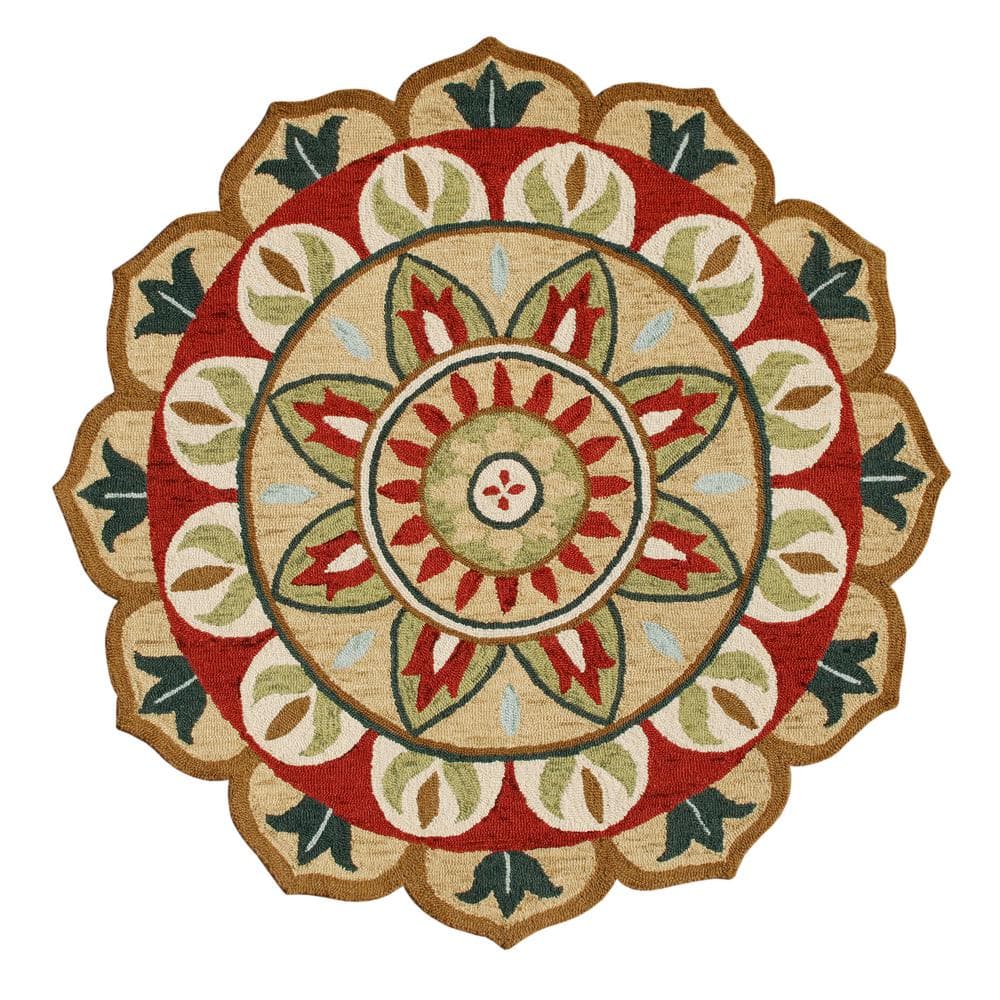Daliah Hand-Tufted 4 ft. x 4 ft. Red/Green Bohemian Floral Wool Round Indoo