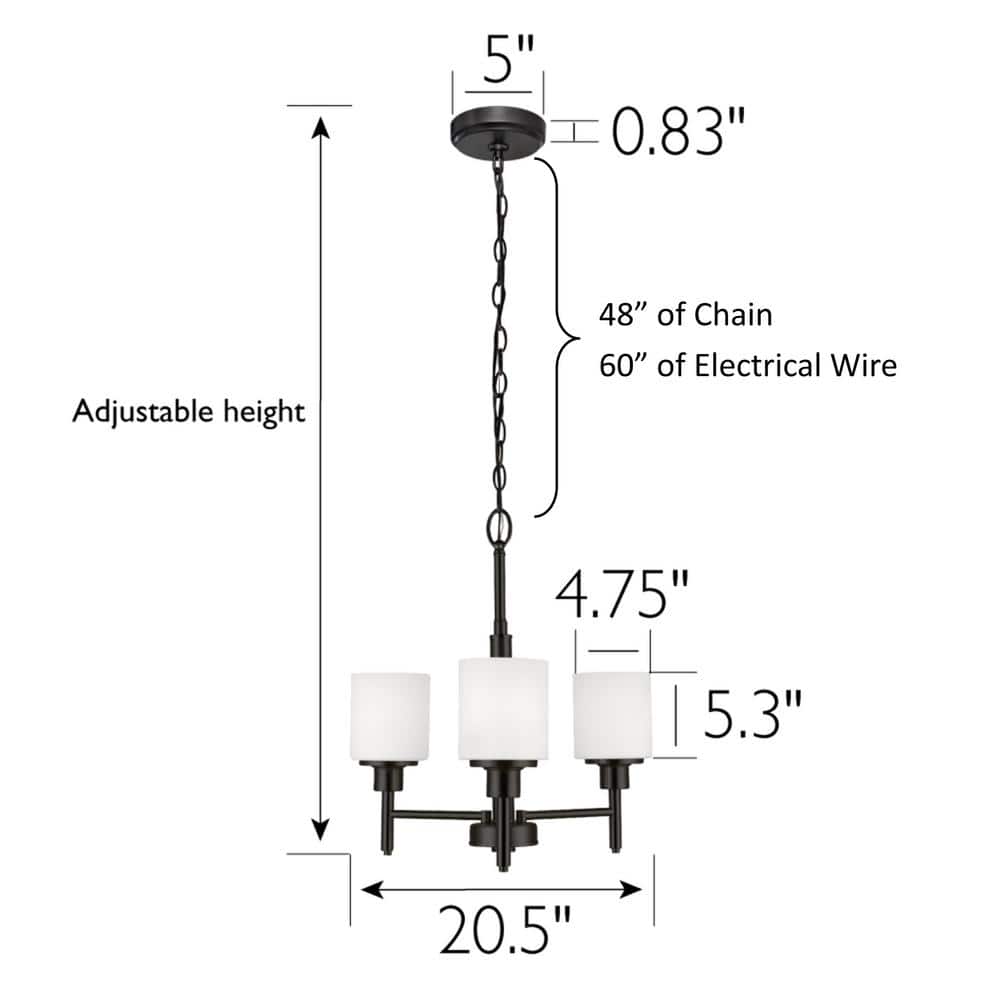 Aubrey Matte Black 3-Light Chandelier with Frosted Glass Shades