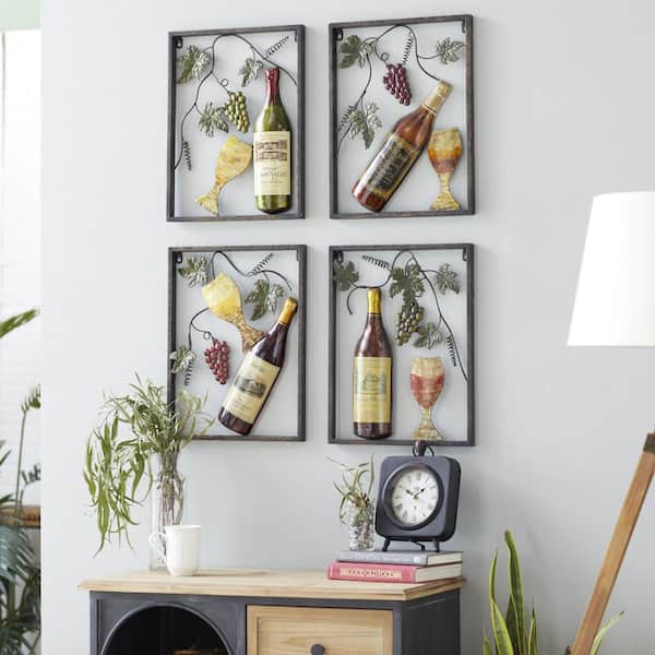 Litton Lane Metal Multi Colored Wine Wall Decor with Grapes Detailing (Set of 4)