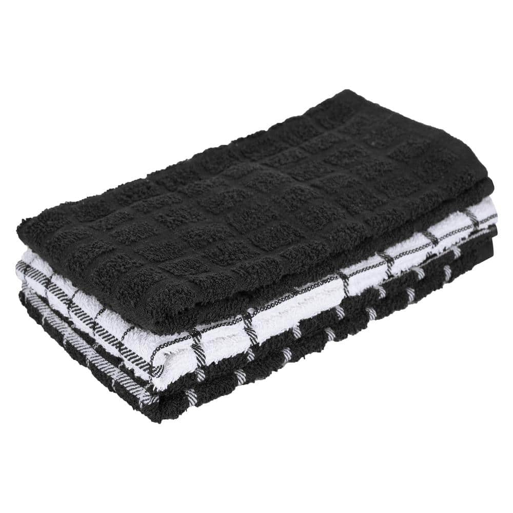 COTTON CRAFT - 4 Pack - Basket Weave Kitchen Towels - Black - Cotton -  Oversized