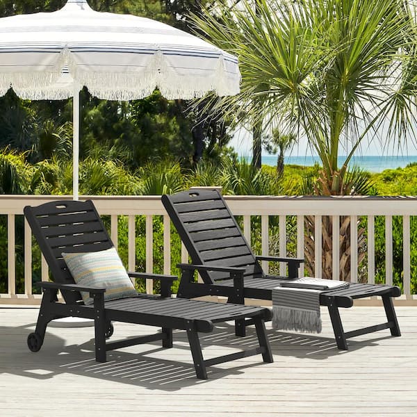 LUE BONA Oversized Plastic Outdoor Chaise Lounge Chair with Wheels and Adjustable Backrest for Poolside Patio(set of 2)-Black