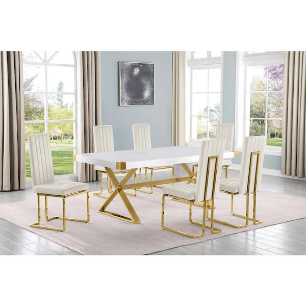 Best Quality Furniture Miguel 7-Piece Rectangle White Wood Top Gold Stainless Steel Dining Set with 6 Cream Velvet Chairs