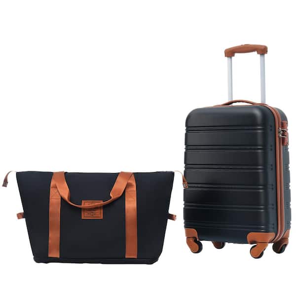 Merax 2-Piece Black and Brown ABS Hardshell 20 in. Spinner Luggage Set with Expandable Travel Bag TSA Lock