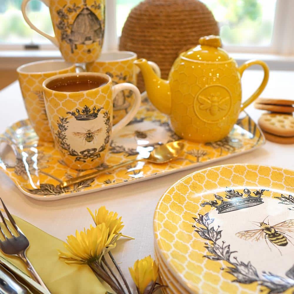 French Bees Yellow and White Ceramic 20 oz. Mugs, Set of 4