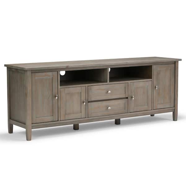 Simpli Home Warm Shaker Solid Wood 72 in. Wide Transitional TV Media Stand in Distressed Grey for TVs up to 80 in.