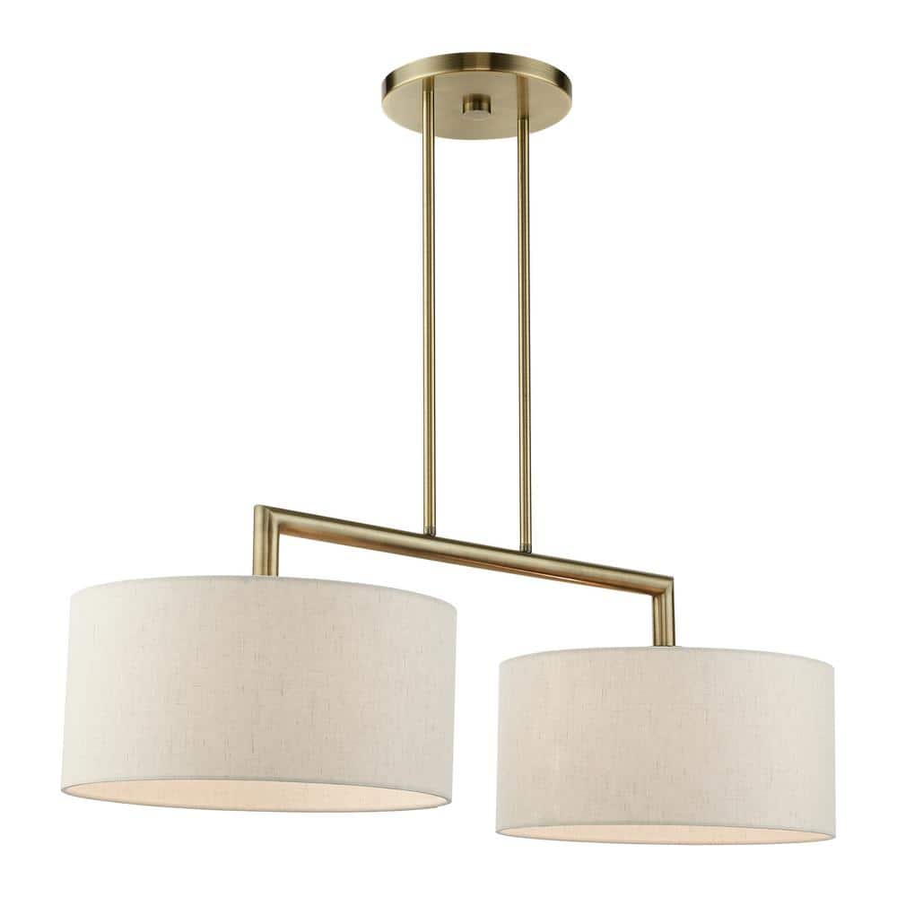 Antique Brass Dual-Light Linear Chandelier with Oatmeal Shades