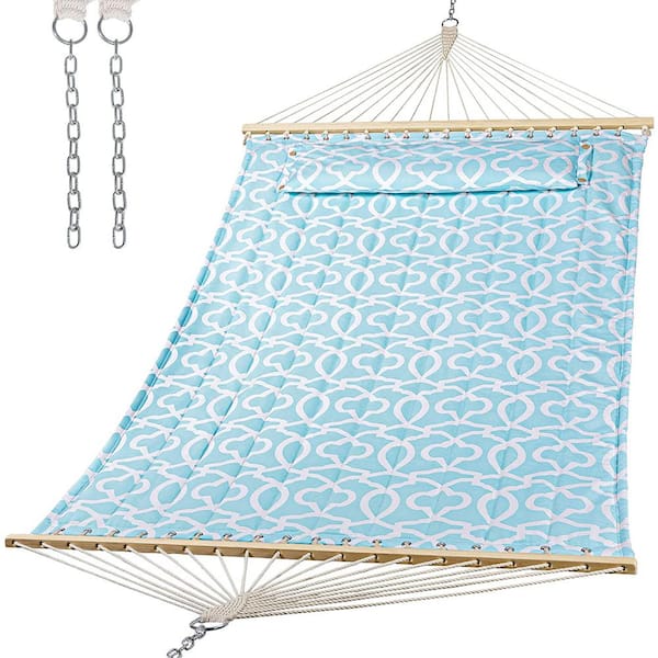Unbranded 12 ft. Double Tree Hammock with Hardwood Spreader Bar, Extra Large Soft Pillow (Green Pattern)