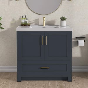 36 in. W x 22 in. D x 35.5 in. H Single Sink Bath Vanity in Navy Blue Freestanding Vanity with White Solid Surface Top