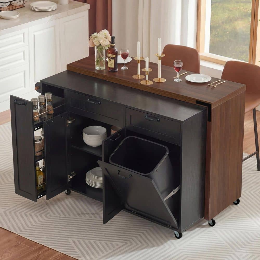 Black Wood 53 in. Kitchen Island with Trash Can Storage Cabinet
