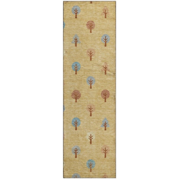 Mayfield Premium Machine Washable Abstract AMF2550 Gold 2 ft. x 7 ft. Runner Rug