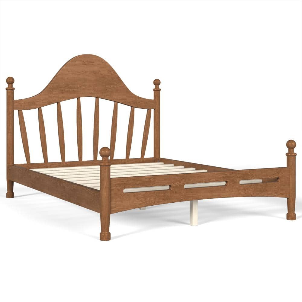 Antique Brown Solid Wood Frame Full Platform Bed with Elegant Curved Headboard and Slatted Support