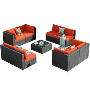 Poseidon Gray 9-Piece Wicker Outdoor Patio Conversation Sectional Sofa Seating Set with Orange Red Cushions