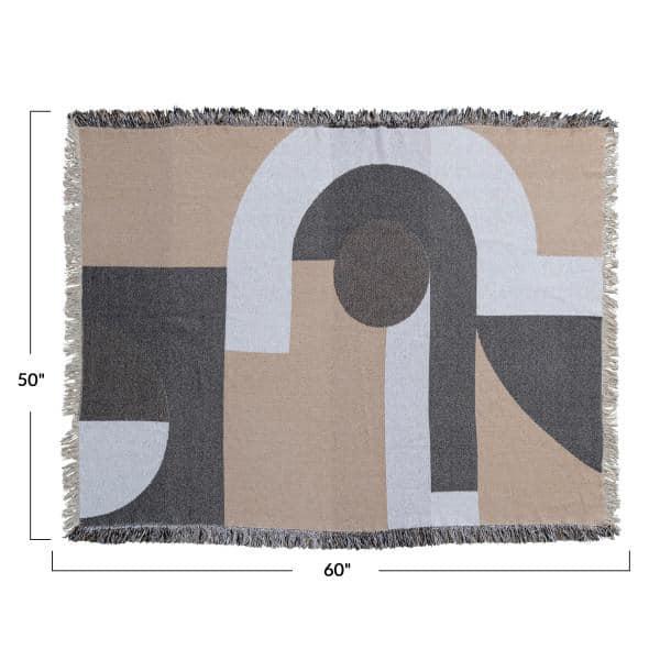 Abstract Geometric Multicolor Fringed Cotton Throw Blanket