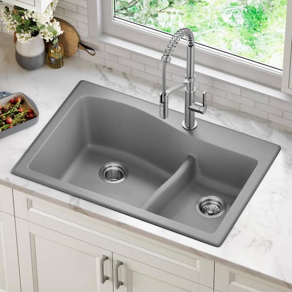 Quarza Drop-in/Undermount Granite Composite 33 in. 1-Hole 60/40 Double Bowl Kitchen Sink in Grey