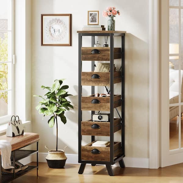 TRIBESIGNS WAY TO ORIGIN Pealaa Rustic Brown 5-drawer Chest of Drawers, Narrow Dresser Storage Chest (11.81 in. L x 15.75 in. W x 44.88 in. H)