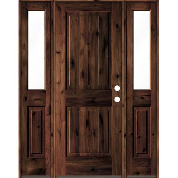 Krosswood Doors 58 in. x 80 in. Rustic Alder Square Top Red Mahogany Stained Wood with V-Groove Left Hand Single Prehung Front Door