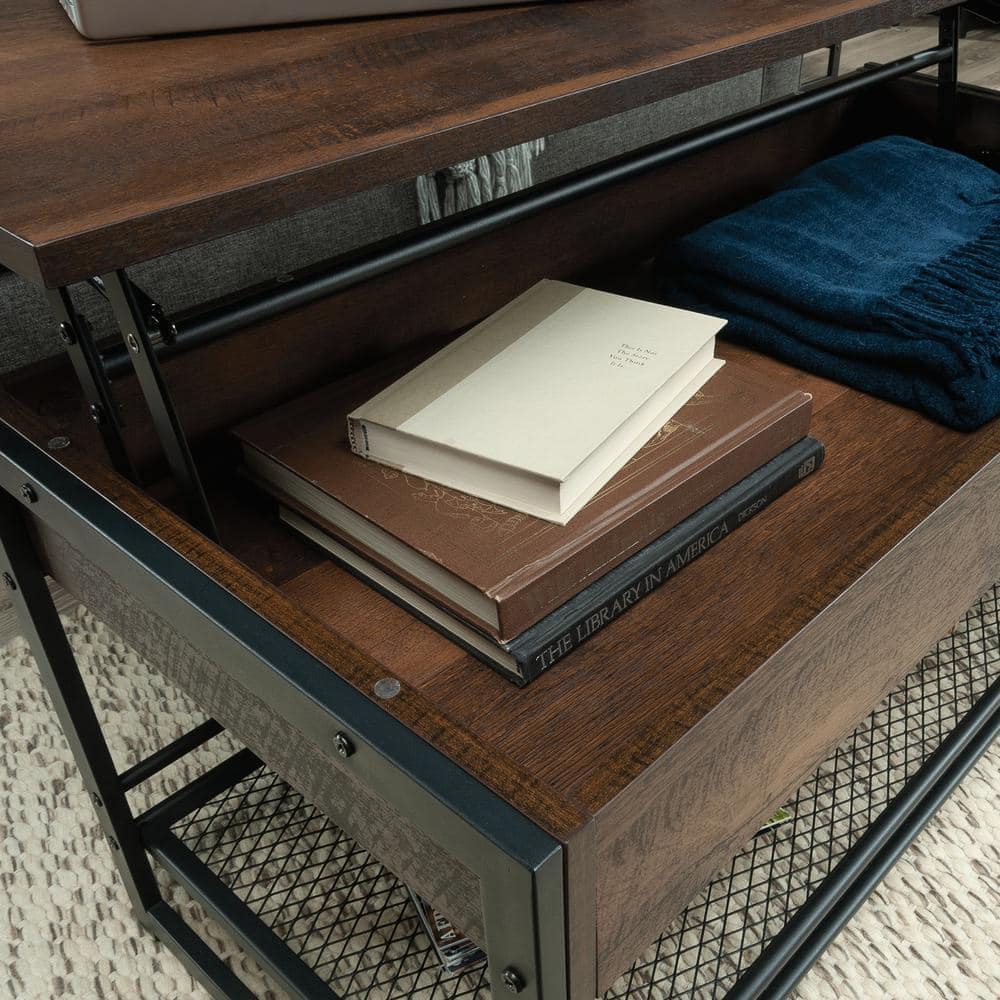 Medium Oak and Metal Lift-Top Coffee Table with Storage