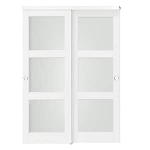 60 in. x 80 in. White, Solid Core MDF, 3-Lites, Double Frosted Glass Panel Bypass Sliding Door with Aluminium Hardware