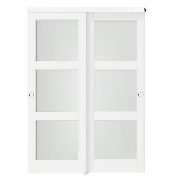 60 in. x 80 in. White, Solid Core MDF, 3-Lites, Double Frosted Glass Panel Bypass Sliding Door with Aluminium Hardware