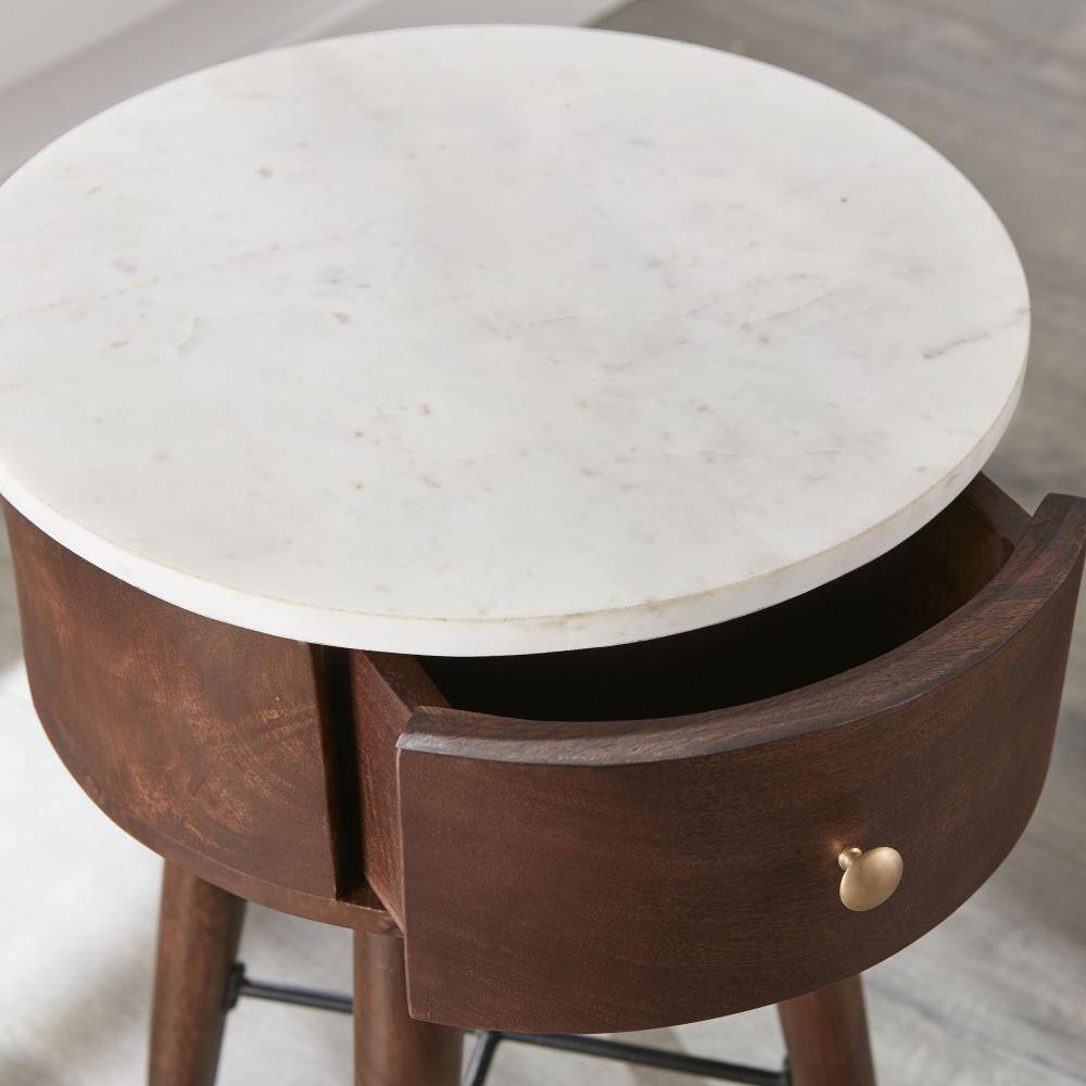 Bangalore 16" Brown Wood and White Marble Round End Table with Storage