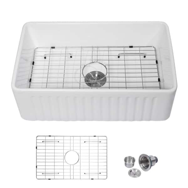 30 in. Undermount Single Bowl White Ceramic Round Corner  Kitchen Sink with Bottom Grid