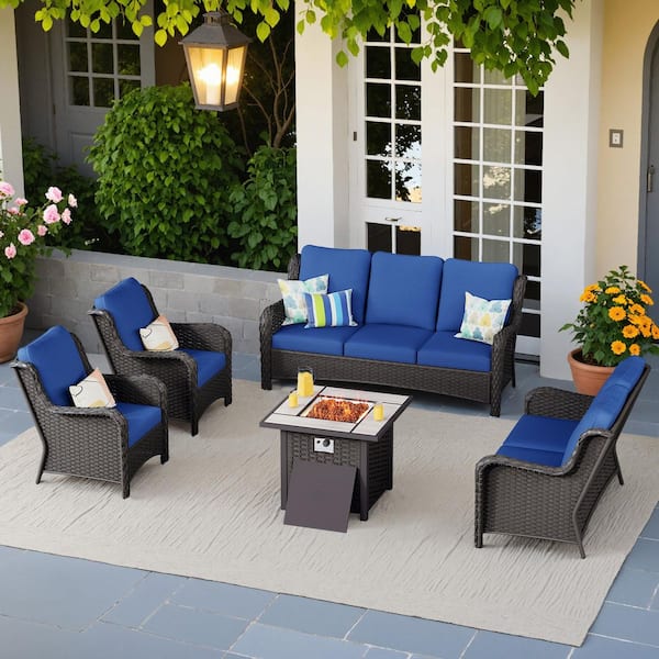 OVIOS Janus Brown 5-Piece Wicker Patio Fire Pit Conversation Seating Set with Navy Blue Cushions