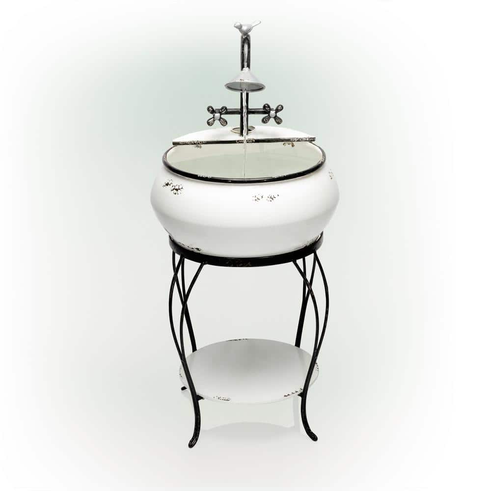 32 in. Tall Outdoor Antique Metal Sink Water Fountain and Stand, White