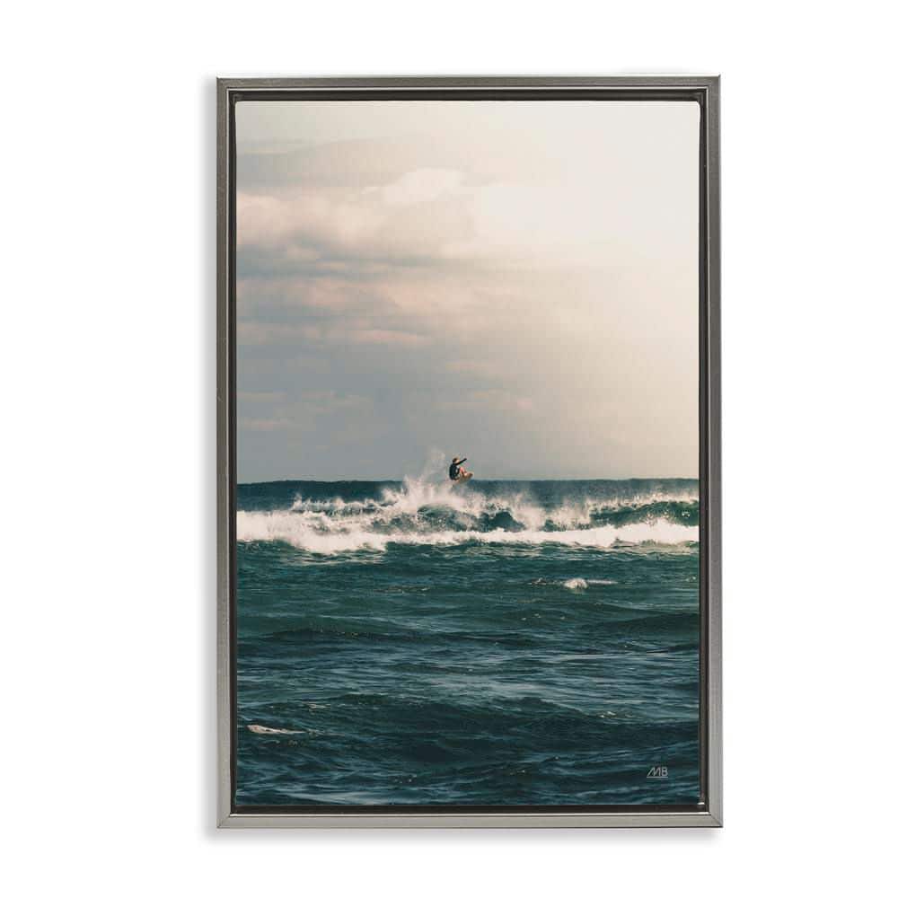 Ride The Tide Surfer by Max Blakesberg Studios Gray Floater Frame Coastal Graphic Art Print 25 in. x 17 in. price history on PriceWatchPro