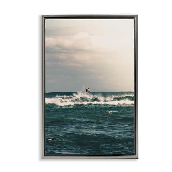 Stupell Industries Ride The Tide Surfer by Max Blakesberg Studios Gray Floater Frame Coastal Graphic Art Print 25 in. x 17 in.