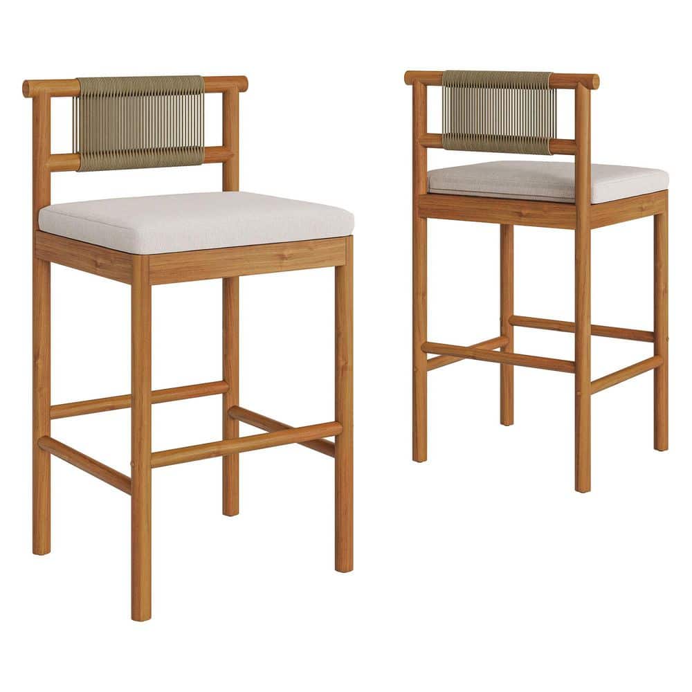 Eleni Set of 2 Teak Wood Outdoor Bar Stools With Rope Backrests Cushions in Natural Sail price history on PriceWatchPro
