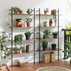 Industrial 65.35 in. H Rustic Brown Particle Board 4-Shelf Wall-Mounted Ladder Shelf with 6-Hooks