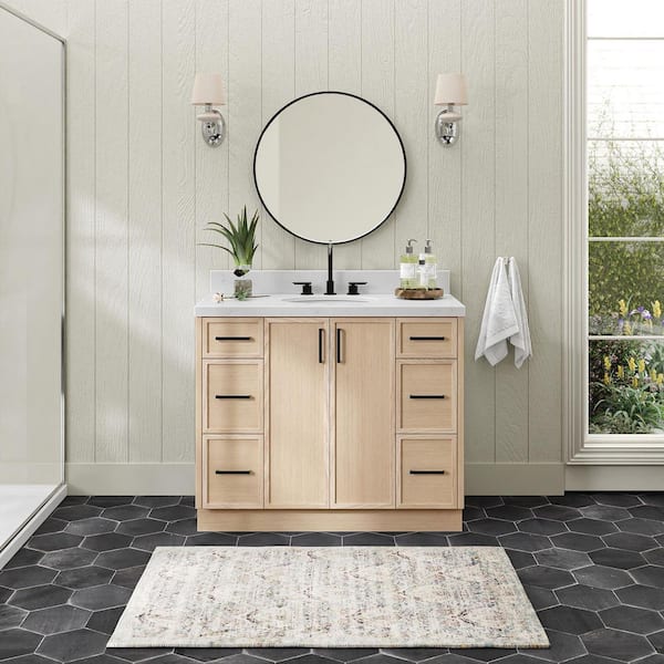 ARIEL Kelly 42 in. Single Sink Freestanding Bathroom Vanity in White Oak with Carrara White Quartz Top
