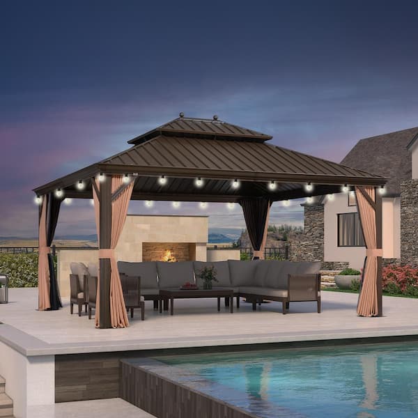 PURPLE LEAF 10 ft.x 14 ft.Bronze Patio Outdoor Gazebo for Backyard Hardtop Aluminum Frame with Hooks,Netting,Khaki Curtain,24 Lights