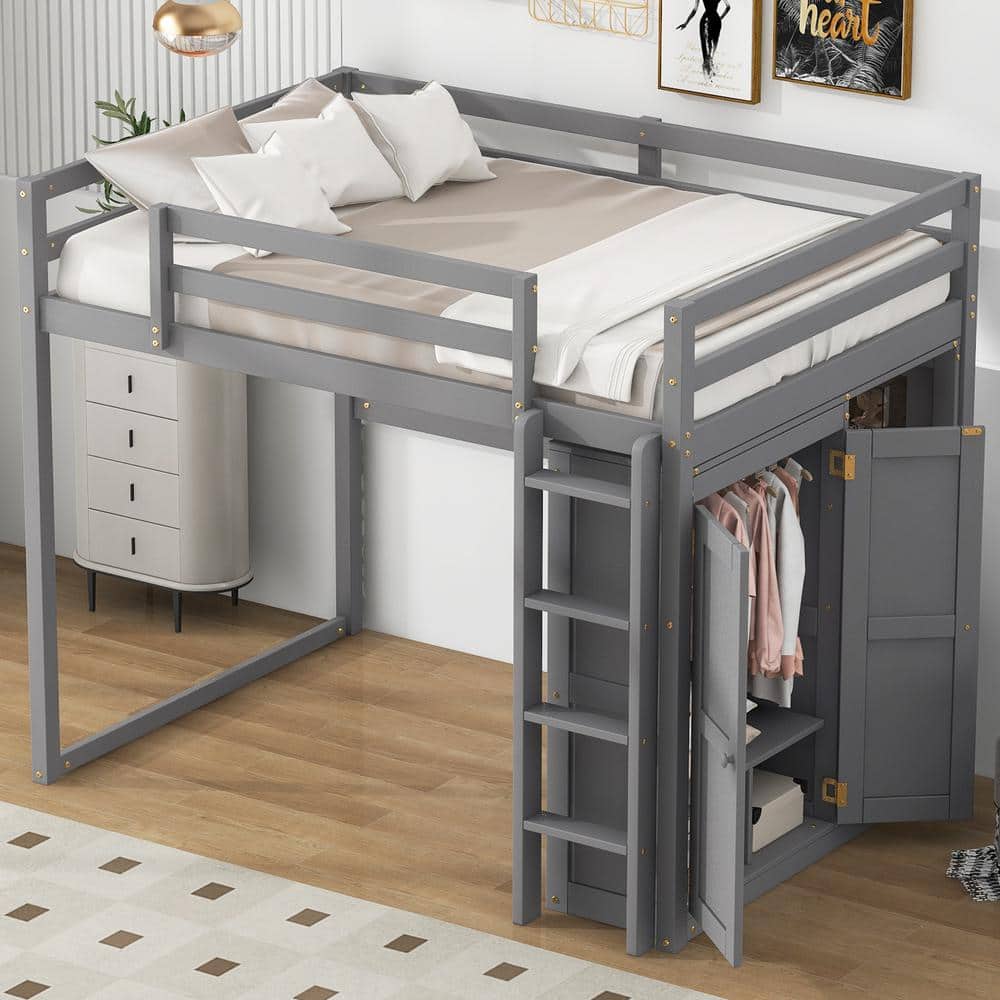 Gray Wood Frame Full Size Loft Bed with Wardrobe, LED Light and Storage Shelves