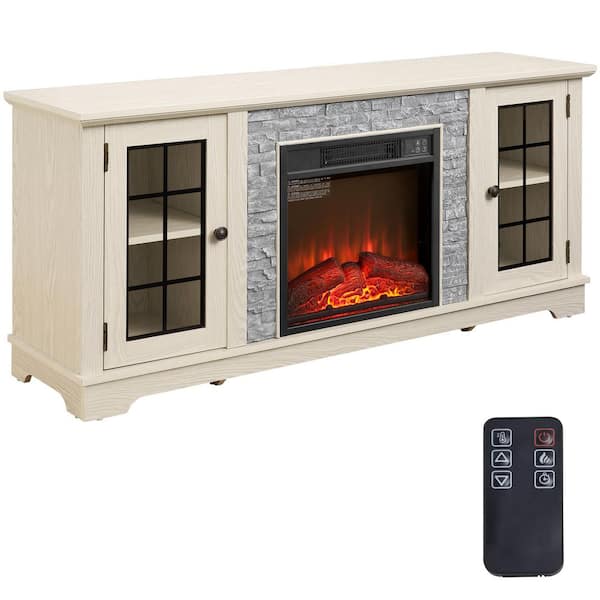 58 in. Freestanding Fireplace TV Stand for TVs Up to 65 in. with 18 in. Electric Fireplace Insert,Media Cabinet in White