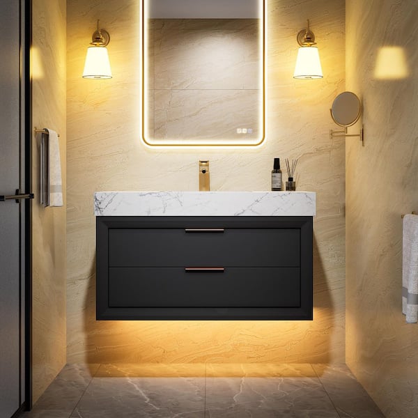 MarbleLux 36 in. W x 20.8 in. D x 29.6 in. H Floating Bathroom Vanity 1-Sink in Black with White Cultured Marble Top