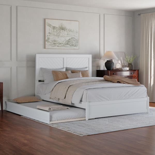 AFI Clayton White Solid Wood Frame Queen Platform Bed with Panel Footboard and Twin XL Trundle