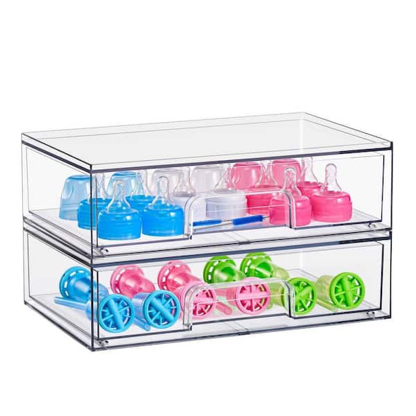Clear Acrylic Pull-Out Organizer, Wide Stackable Storage Drawers, 2 Pack Plastic Organizer Bins