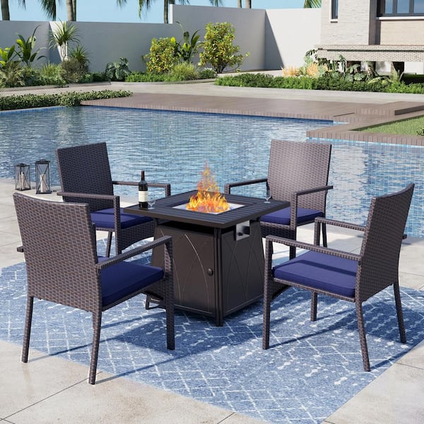 PHI VILLA Black 5-Piece Metal Patio Fire Pit Set with Rattan Chair with Blue Cushion