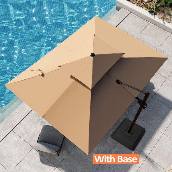 Pellebant Double Top 9 ft. x 12 ft. Rectangular Aluminum 360° Swivel Cantilever Patio Umbrella in Tan with Umbrella Base